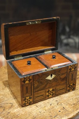 Victorian Walnut Tunbridge Style Tea Caddy Mother of Pearl Inlay