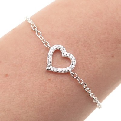 925 Sterling Silver Round-Cut C Z Heart Cable Link Bracelet 8.25''