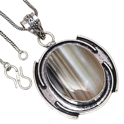 Pendant Grey Botswana Agate Gemstone Handmade Antique Silver Jewelry 2" - Picture 2 of 7
