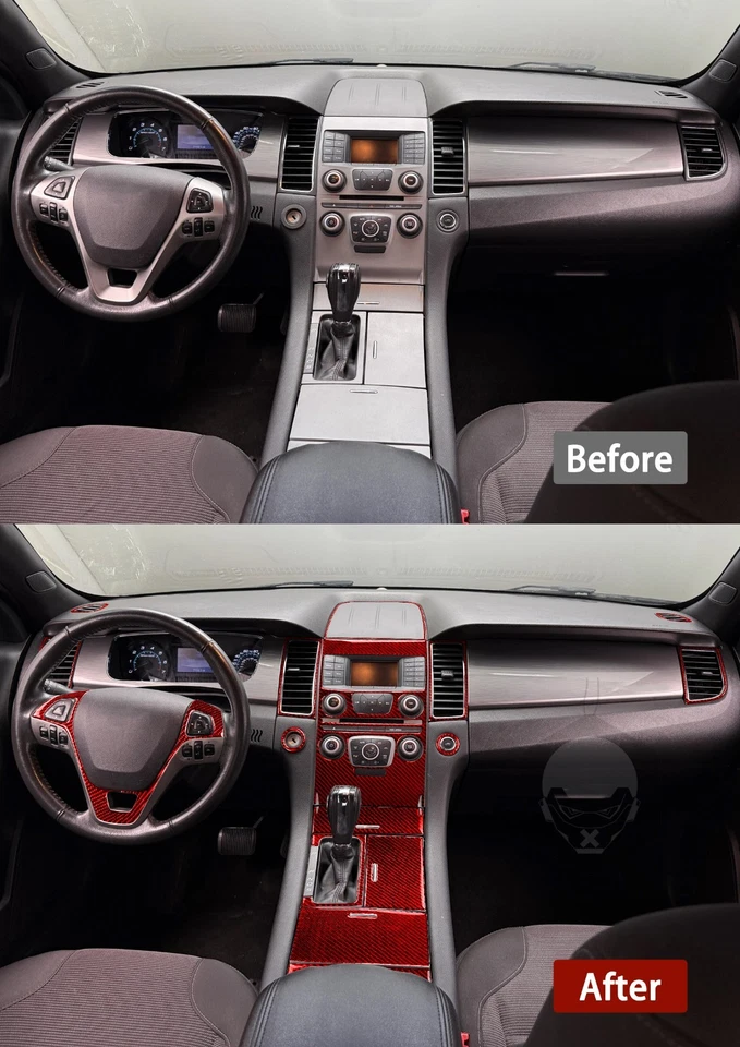 Juego completo de molduras de tablero interiores de fibra de carbono roja de 19 piezas para Ford Taurus 2013-19 Foto 4 de 4