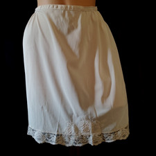 Vintage Half Slip Skirt LACEY WHITE SATIN Silky Nylon Floral Embroidery SMALL