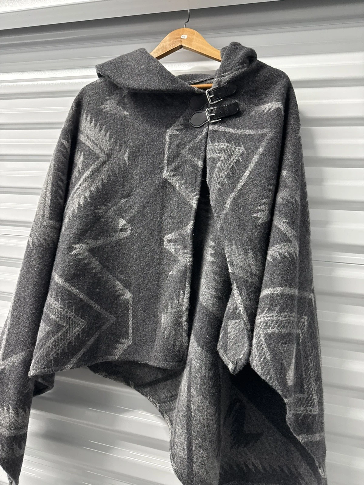 Vintage Ralph Lauren Cape Wool Blend Leather Buckles Woven Blanket Poncho Wrap