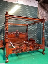 UK King  Antique Mahogany  finish Rococo  four poster mahogany bed