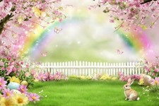 Easter Bunny Photo Backdrop Rainbow Flowers Background Banner Party Decor