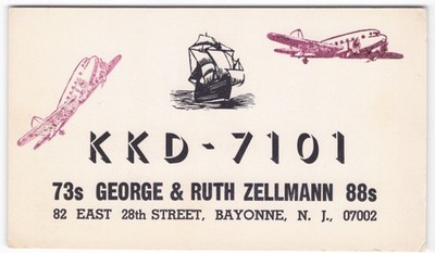 Vintage 1960s KKD-7101 QSL Card George & Ruth Zellmann Bayonne NJ