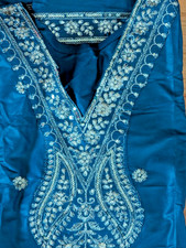 Kurta Top Tunic Silk Blend Embroidered Zari Seqin Work V-Neck Teal 36" x 18"