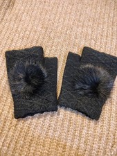 Women's Black Fingerless Gloves Faux Fur Pom Pom Warm Winter Wrist Warmers Knit