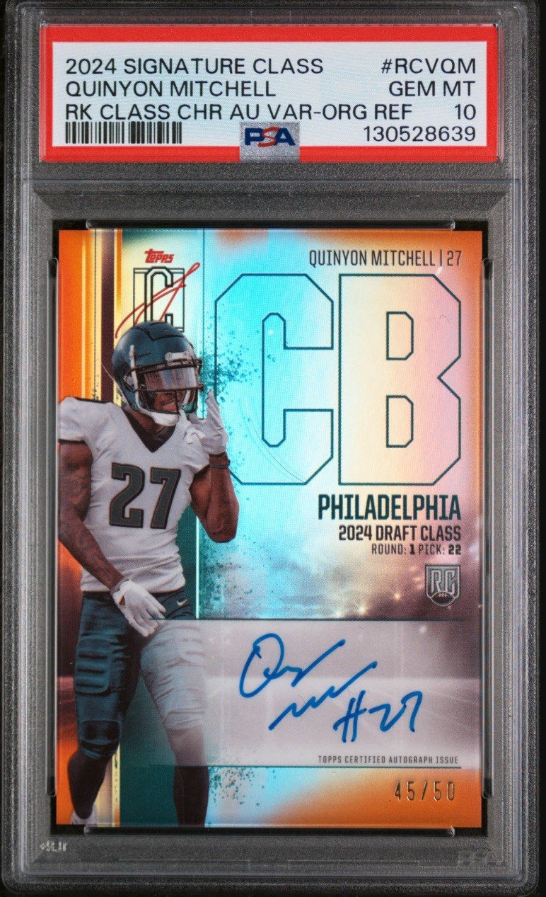 Quinyon Mitchell Topps Signature Class Rookie Class Chrome Autograph Variation #RCVQM Orange Refractor