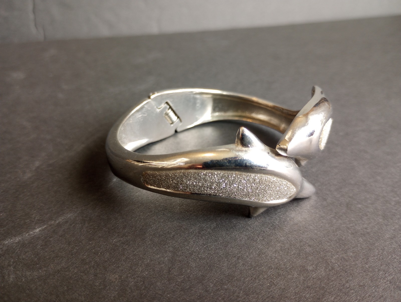 Silvertone Two Dolphins Hinged Bangle Bracelet - image 2