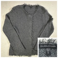 Eileen Fisher Cardigan Sweater Knit Fringe Trim Open Snap Front Gray Sz. Medium