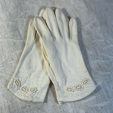 Women's off-white gloves. With floral design with dainty beads. 8 1/2" long
