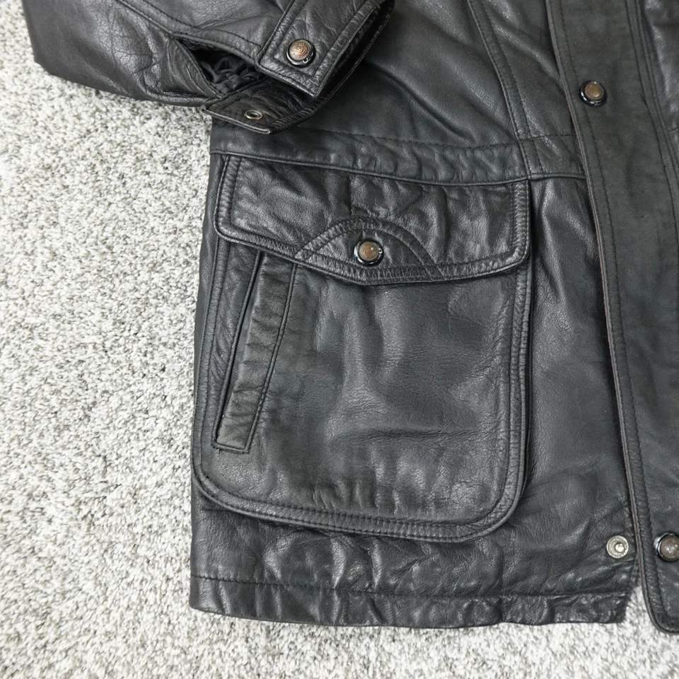 VTG Members Only Jacket Mens S Black Leather Hunting Bird Long Coat Trench Parka - Image 3 of 4