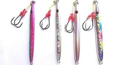 4 x Okami Sea Fishing Holographic Slow Jigging Lures 150g, 170g + Assist Hooks