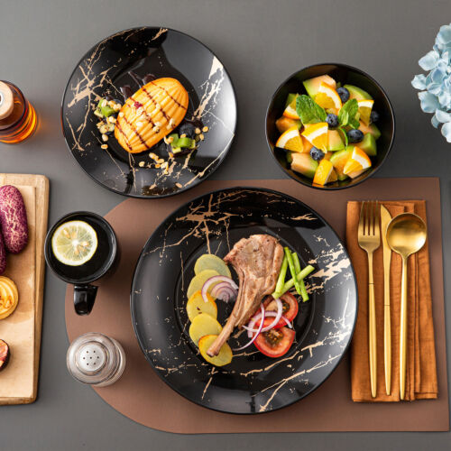 LOVECASA 16-Piece Porcelain Dinnerware Set Black Kitchen Plates Bowls & Mugs Set - Picture 3 of 8