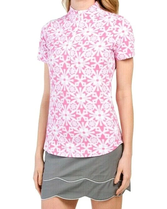 IBKUL Top Plus Size XXL 2XL Zip Mock Neck Short Sleeve Moroccan Pink COOLING New