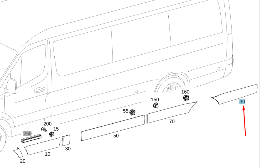 Bande de protection arrière droite pour MB Sprinter W907 A91069011009K83