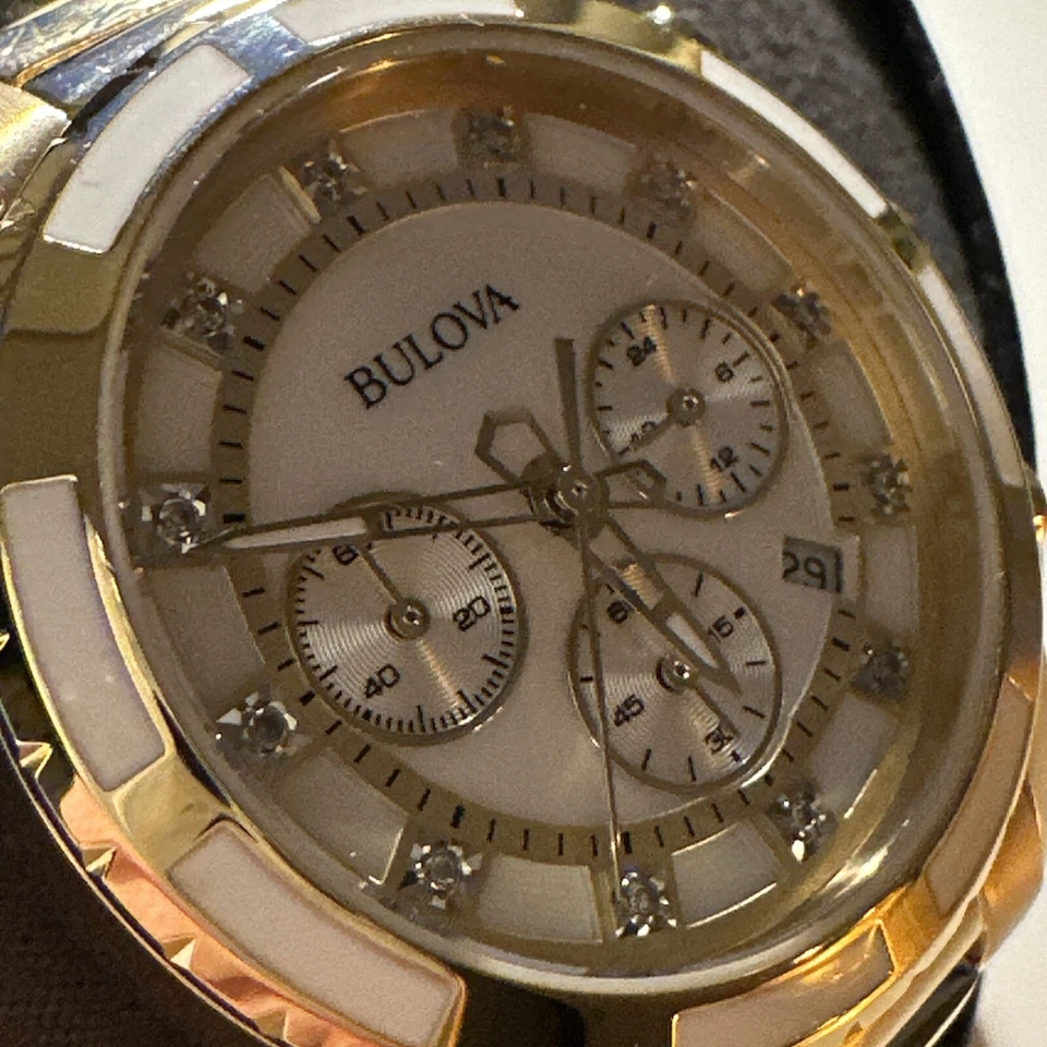 Bulova Women's Watch 97P146 Chronograph Gold Diamond Mother of Pearl Dial 36mm - Image 2 of 4