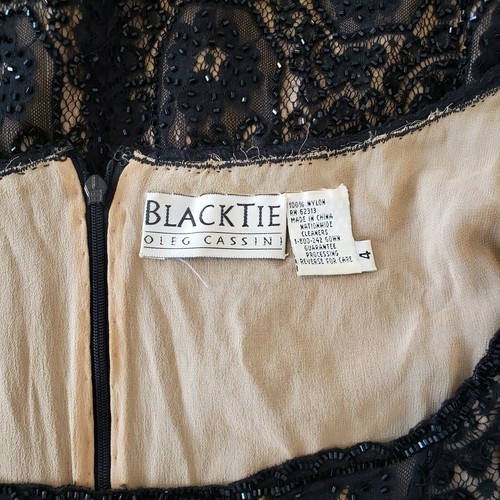VESTIDO DE CÓCTEL OLEG CASSINI CORBATA NEGRA Talla 4 Negro y Beige ENCAJE LENTEJUELAS - Imagen 5 de 12