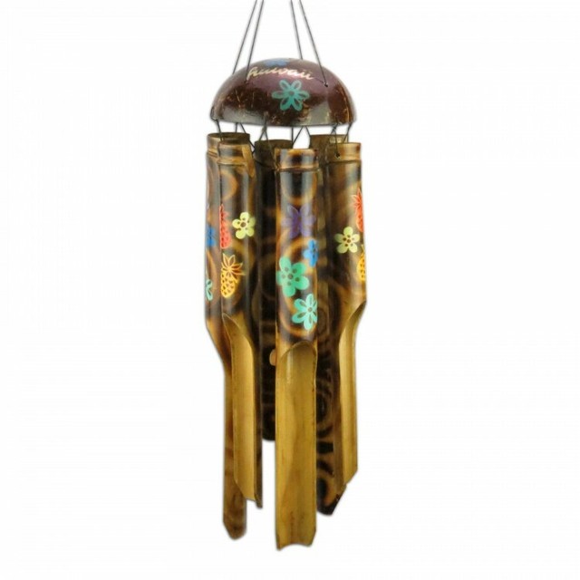 Hawaii Aloha Pineapple Wind Chime Carved Hand Painted Bamboo & Coconut