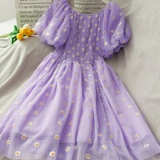 Damen Schulterfreies Kleid Blumenmuster Daisy Rüschen Netz Lolita Puffärmel Midi