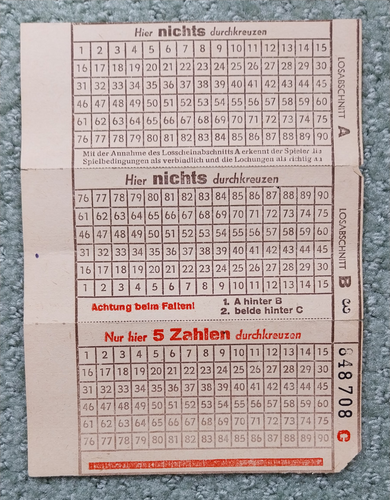 DDR Lotto-Schein 5 aus 90 unbespielt ca. 1953 bis 59 faltbar vintage sehr alt