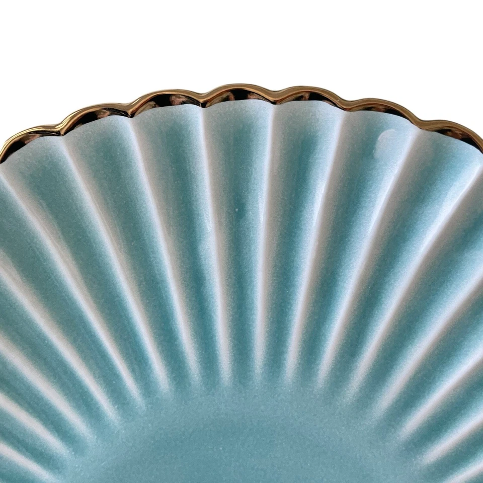 Aqua Ceramic Dinner Plates 11" Turquoise Scalloped Edge Gold Accent Set of 4 New - Image 3 of 4