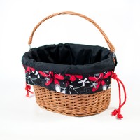 Vintage Wicker Basket With Liner And Adjustable Strap - Red Flowers Vintage Wicker Basket With Liner And Adjustable Strap - Red Flowers