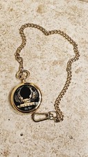 Vintage Majesti Quartz Black Gold Plate Eagle Deer Pocket Watch RUNNING