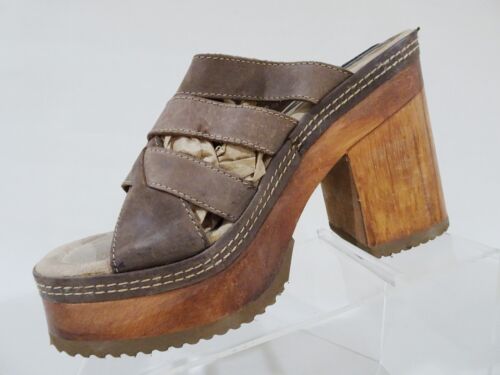 NEW US 10 Vtg 90s Y2K Candies Leather Wood Chunky Heel Bratz Platform Sandals - Picture 5 of 13