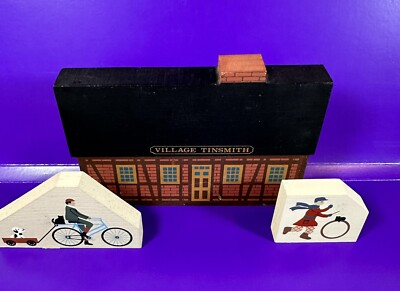 The Cat's Meow Village TInsmith Series VII ~1989+ Boy w/Hoop+ Boy On Bike w/Dog