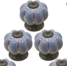3 Ceramic Knobs Lake Blue Pumpkin Shape Vintage Style cabinet door pulls gold