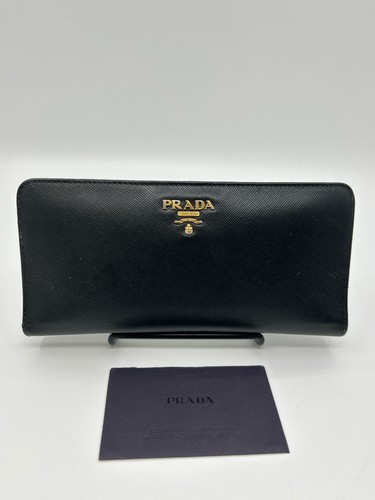 PRADA Saffiano Long Wallet Black Women Slim Organizer Designer Authenticated