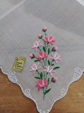 Vgt White Batiste Pink Embroidery Original Sticker Hankie Handkerchief