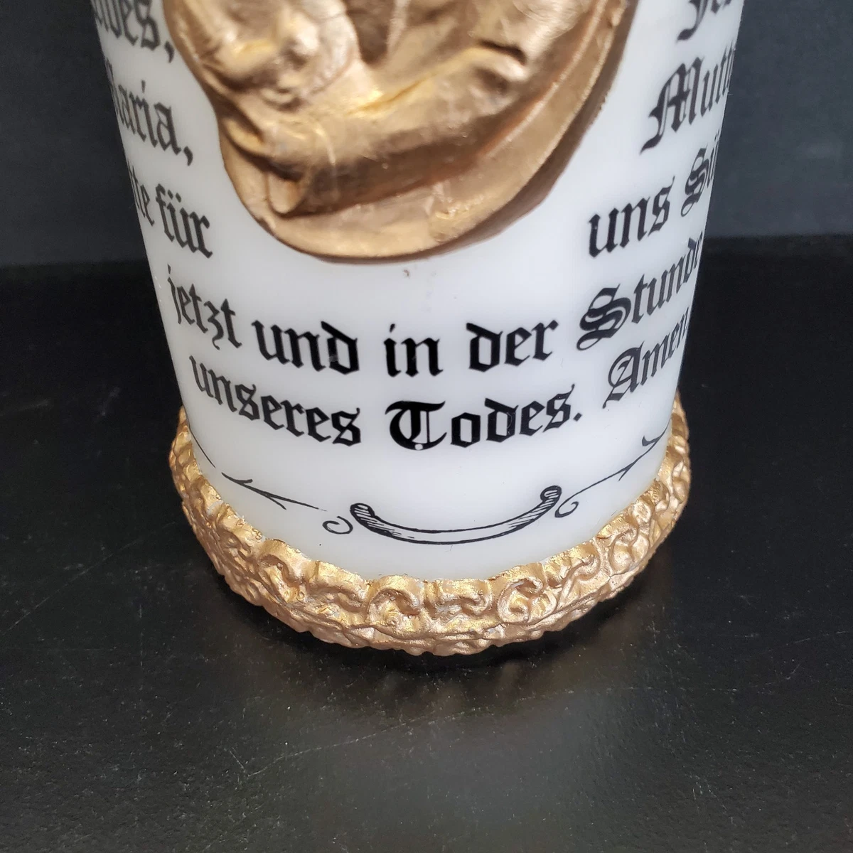 Kerze mit Gebet "Gegrüßt seist du Maria" 22 cm weiss gold Goldrand christliche