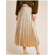 Anthropologie Sequin Midi Skirt 0 XS Gold Shimmer Pleated Holiday Cocktail MAEVE