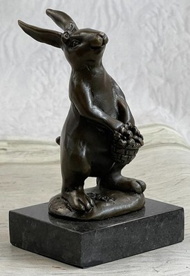 Signed Original Milo Bunny W. Basket of Flower Bronze Art Decor Sculpture Figure