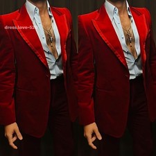 Red Velvet Men's Suits Wide Peak Lapel Business Formal Dinner Party Men Tuxedos
