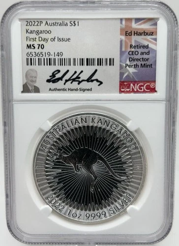 2022 Australia 1 Oz Silver Kangaroo NGC MS70 ED HARBUZ Signed First Day Of Issue