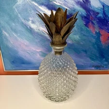 Pier 1 Imports Pineapple Decanter Clear Glass & Metal Top Vintage Discontinued