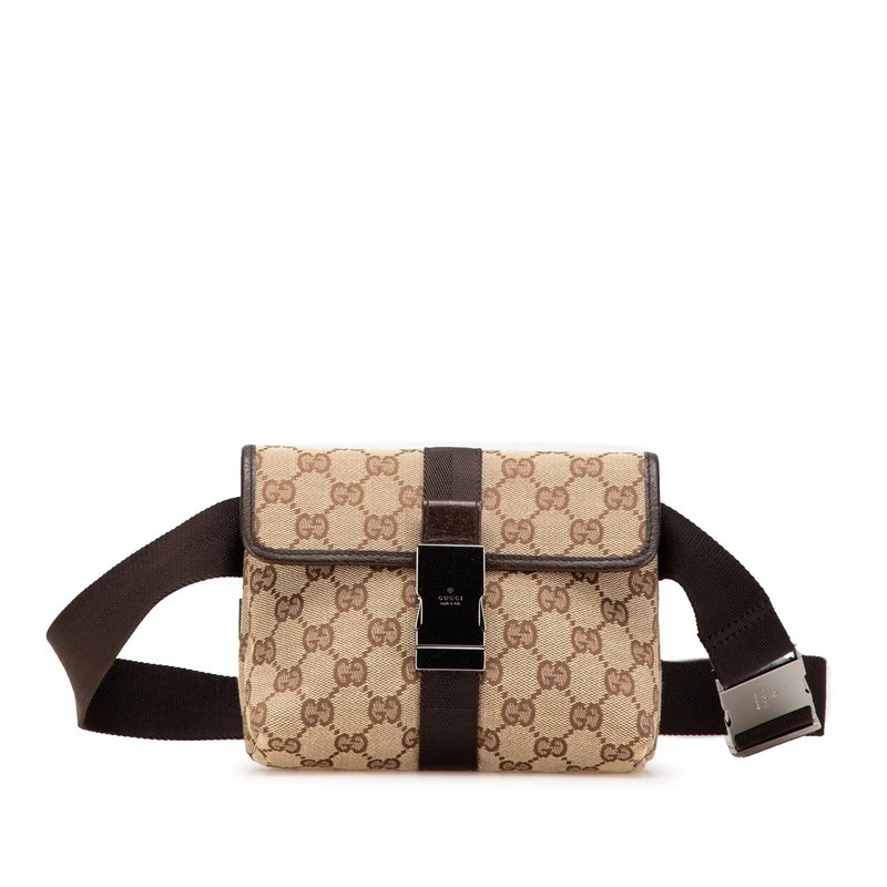 Gucci Gg Sac Toile Taille Body 131236 Beige Marron Cuir Femme Occasion
