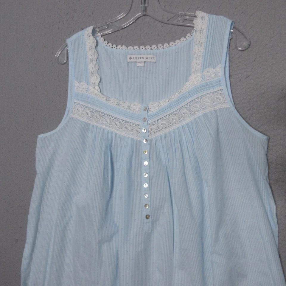 Camisón Eileen West Grande Azul Borde de Encaje Sin Mangas Pintuck Cottage Core Largo Foto 2 de 4