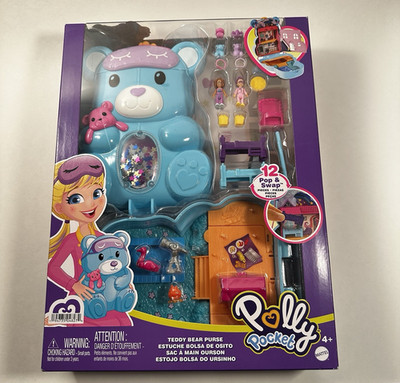 Polly Pocket Teddy Bear Wearable Purse Compact Playset with 2 Micro Dolls Mattel