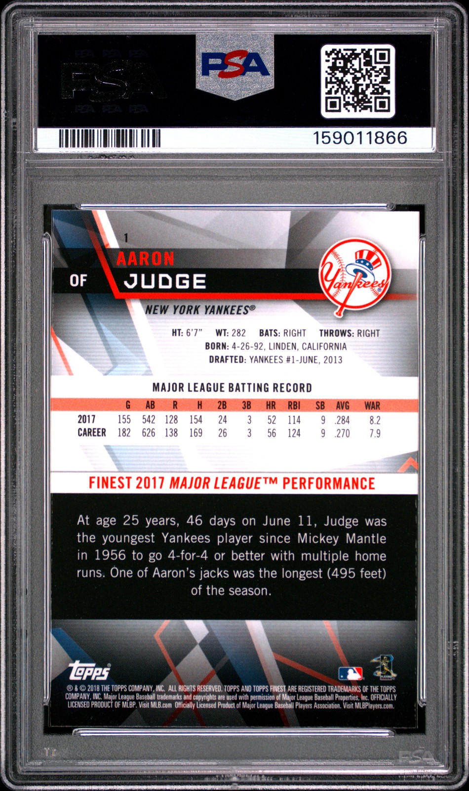 2018 FINEST REFRACTOR #1 AARON JUDGE PSA 10 view 2