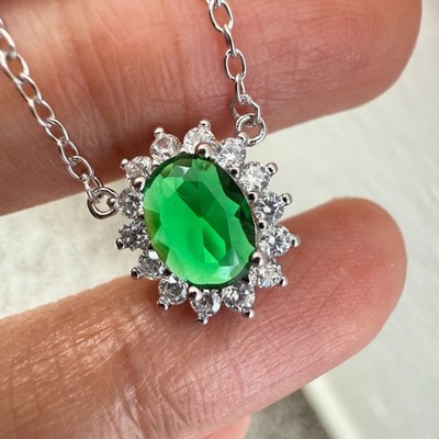 925 Sterling Silber Halskette 8x6mm Natur Smaragd Zirkon Blume Handarbeit Kette