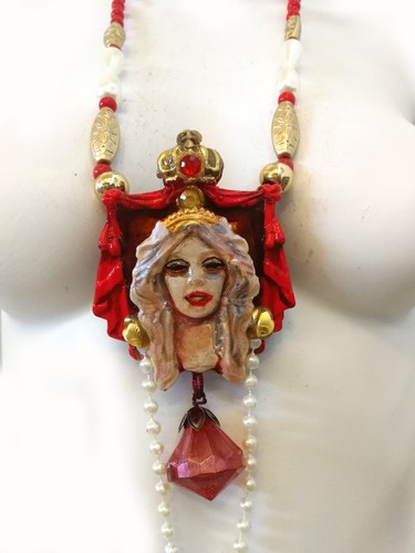 jewelry necklace pendant princess doll red layered lariat pearl royal crown bib - Picture 13 of 24