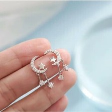 Round Cut Lab Created Diamond Wedding 14Ct White Gold Finish Moon/Star Earrings