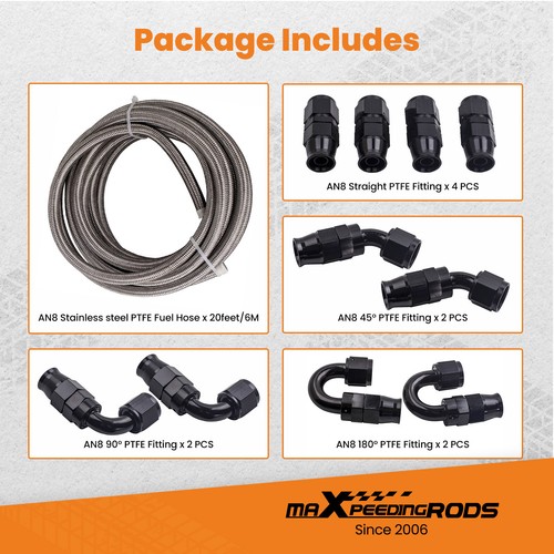 -8AN AN8 Stainless Steel Braided PTFE Fuel Hose Line 20ft Black Fitting Kit New - Bild 6 von 14