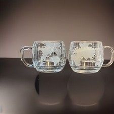 2 Vintage Nestle Nescafe World Globe Coffee GLASS Cups Frosted Map Water Wine