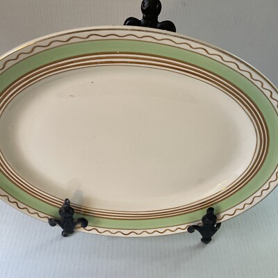 Antique Keeling & Co  Losol Ware Green Band, Tan Rings, Gold Trim Platter Large