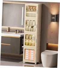4-Tier Tall Narrow Bathroom Storage Cabinet 11.42"D x 14.57"W x 65.35"H Beige